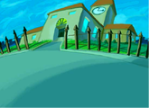 An unused school exterior in Pico 2, presumably intended to go with the game's time mechanic.